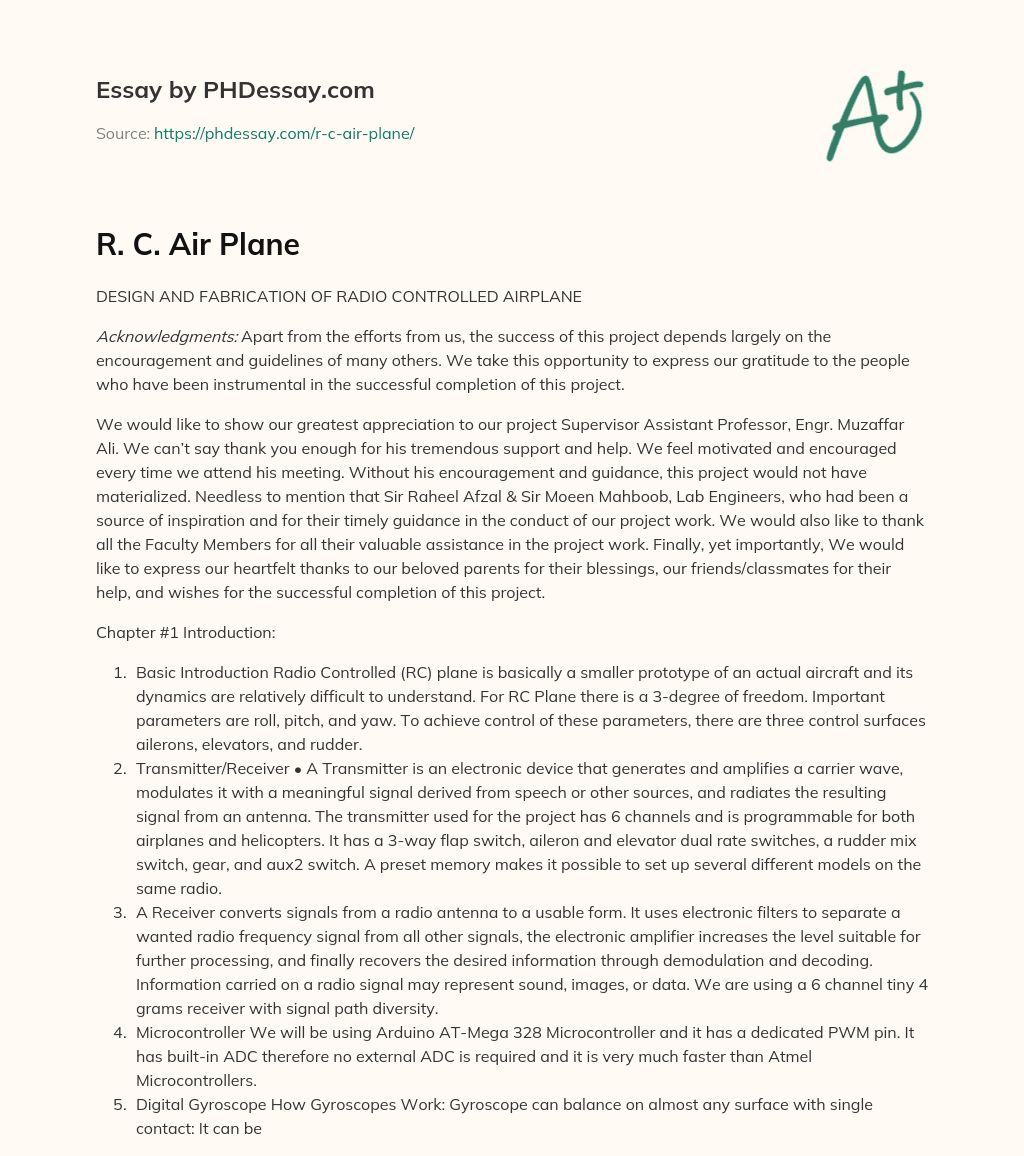 R. C. Air Plane essay