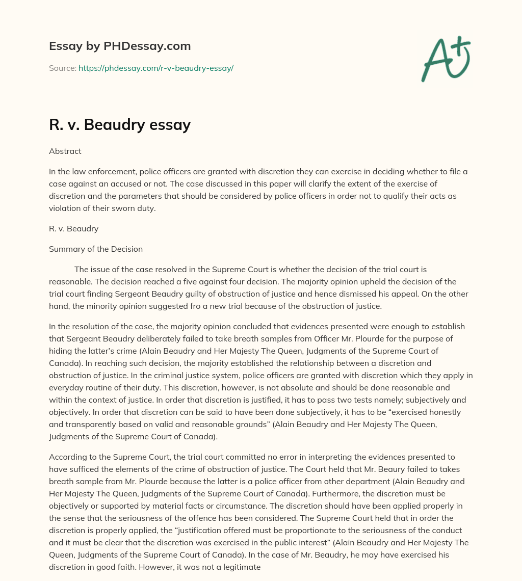 Police Discretion and Obstruction of Justice: Case of R. v. Beaudry essay