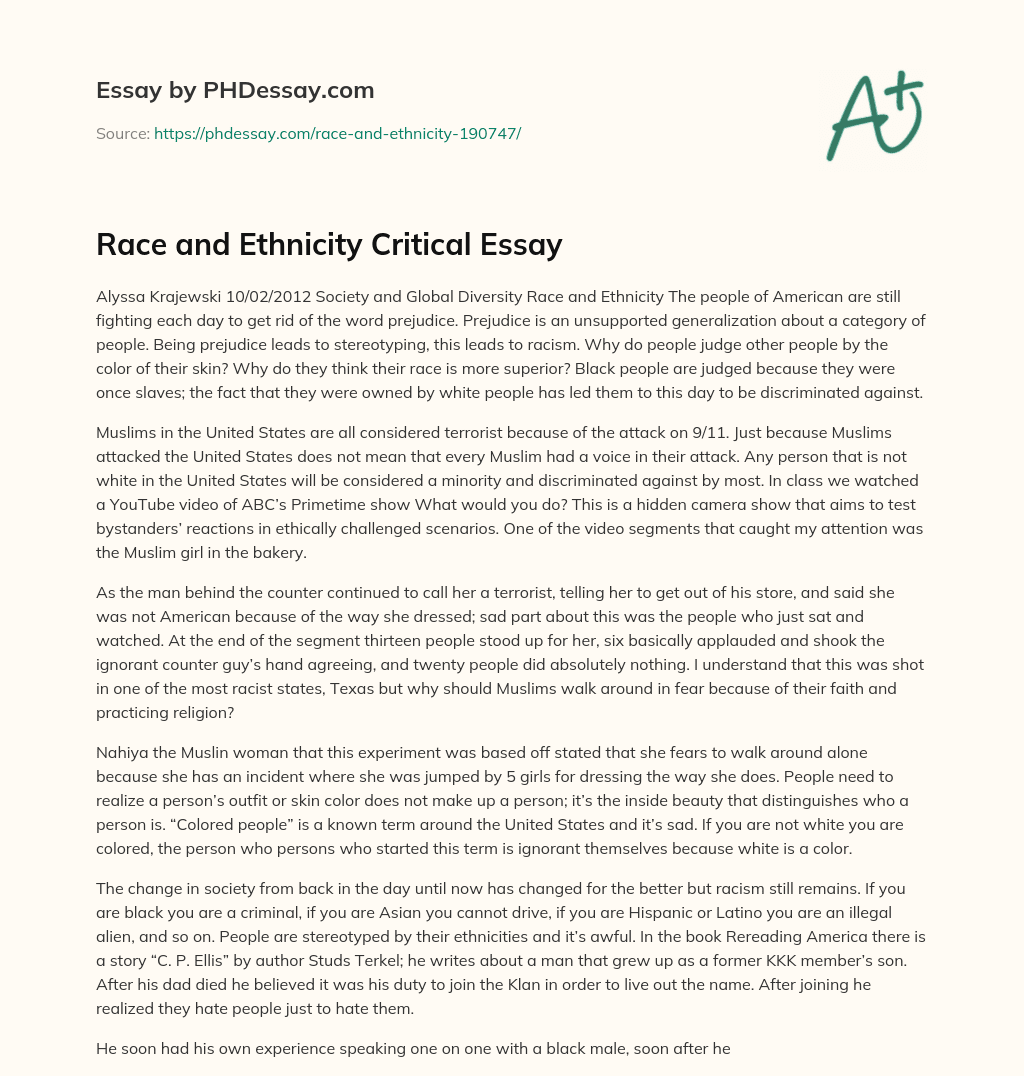Race and Ethnicity Critical Essay essay