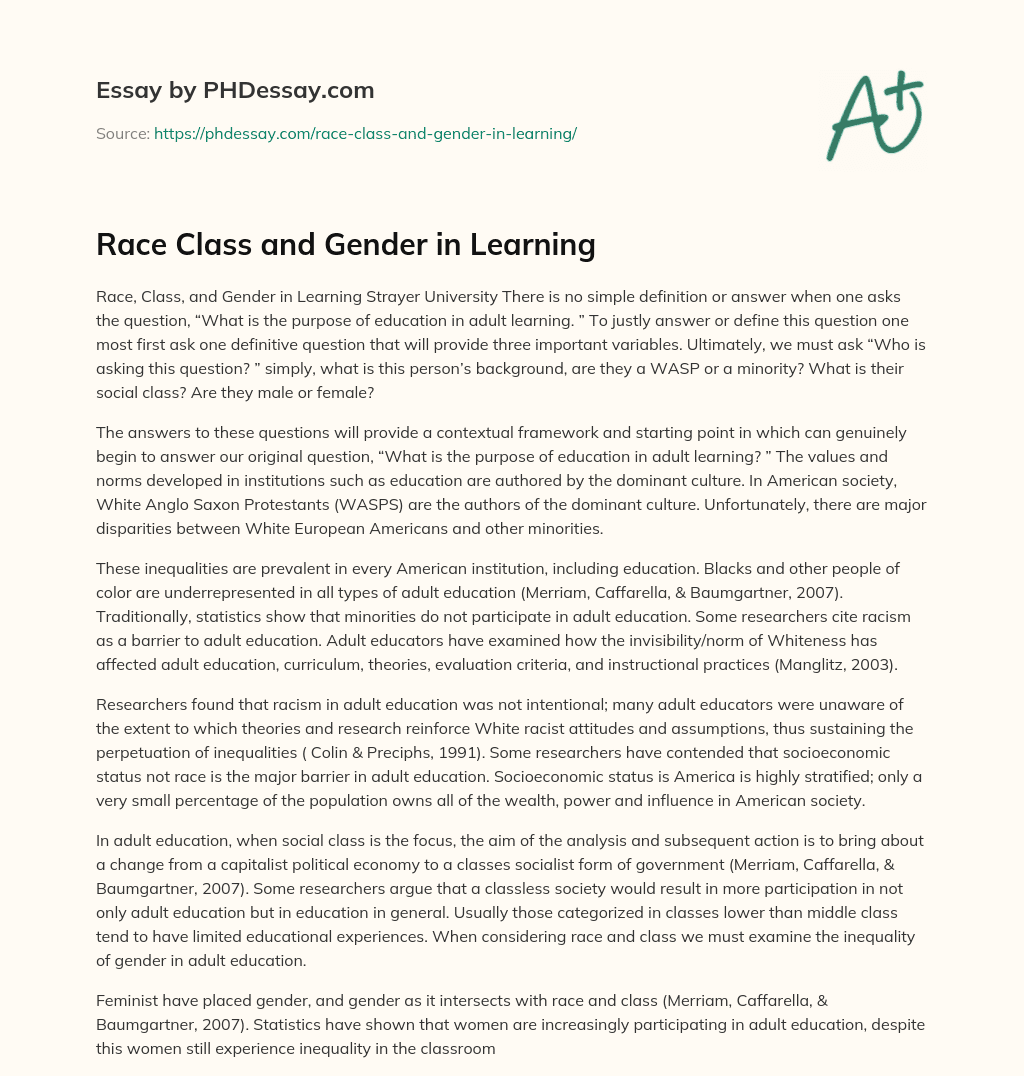 Race Class and Gender in Learning essay