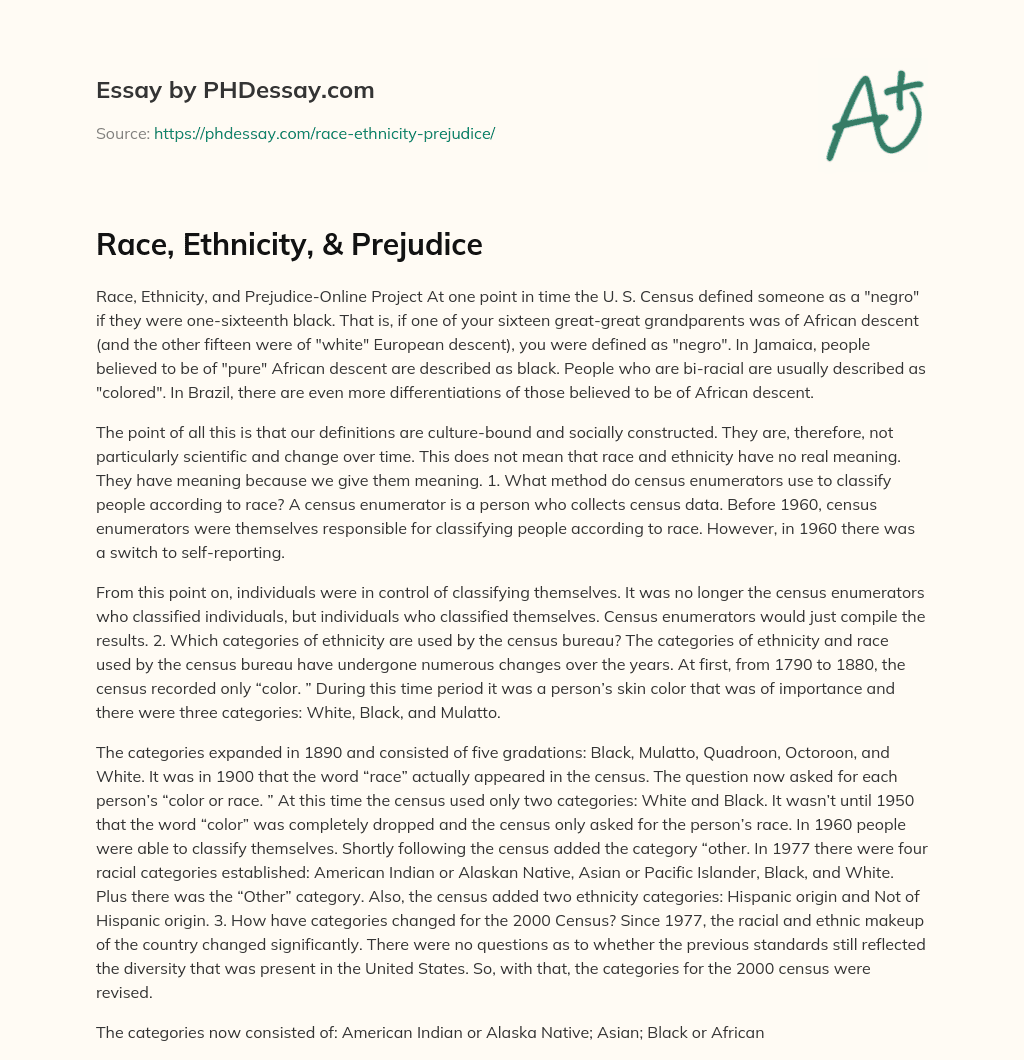 Race, Ethnicity, & Prejudice essay