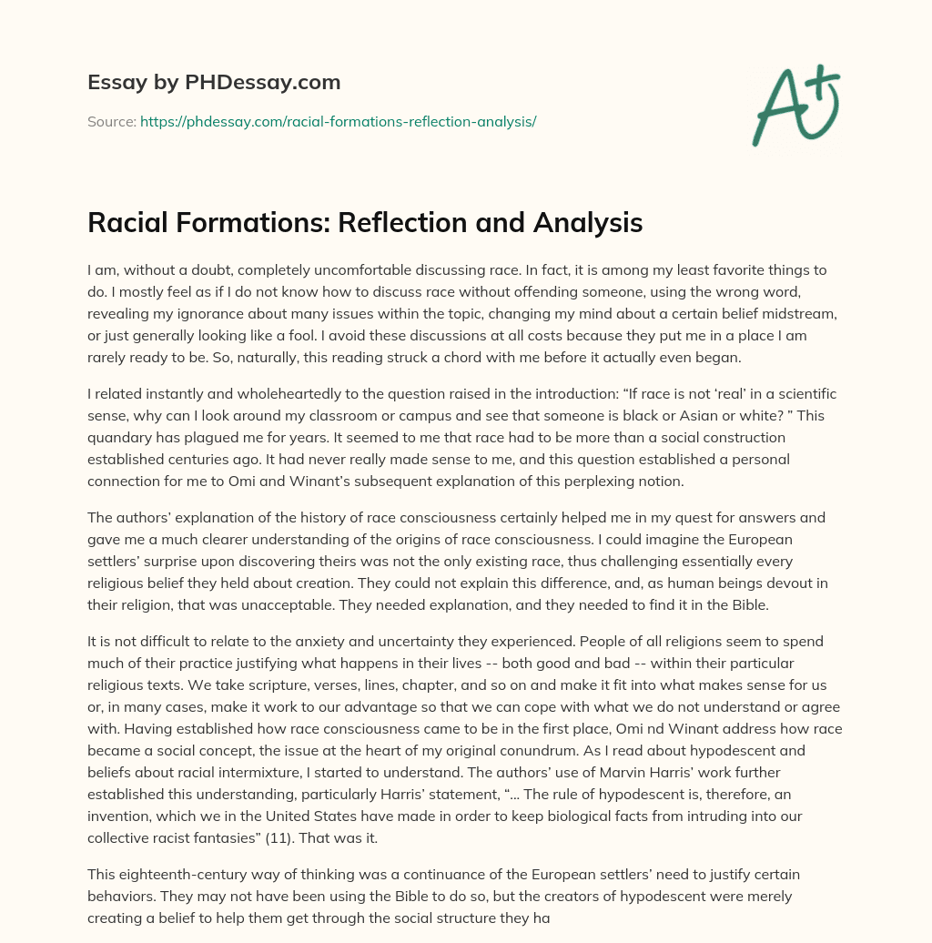 Racial Formations: Reflection and Analysis essay