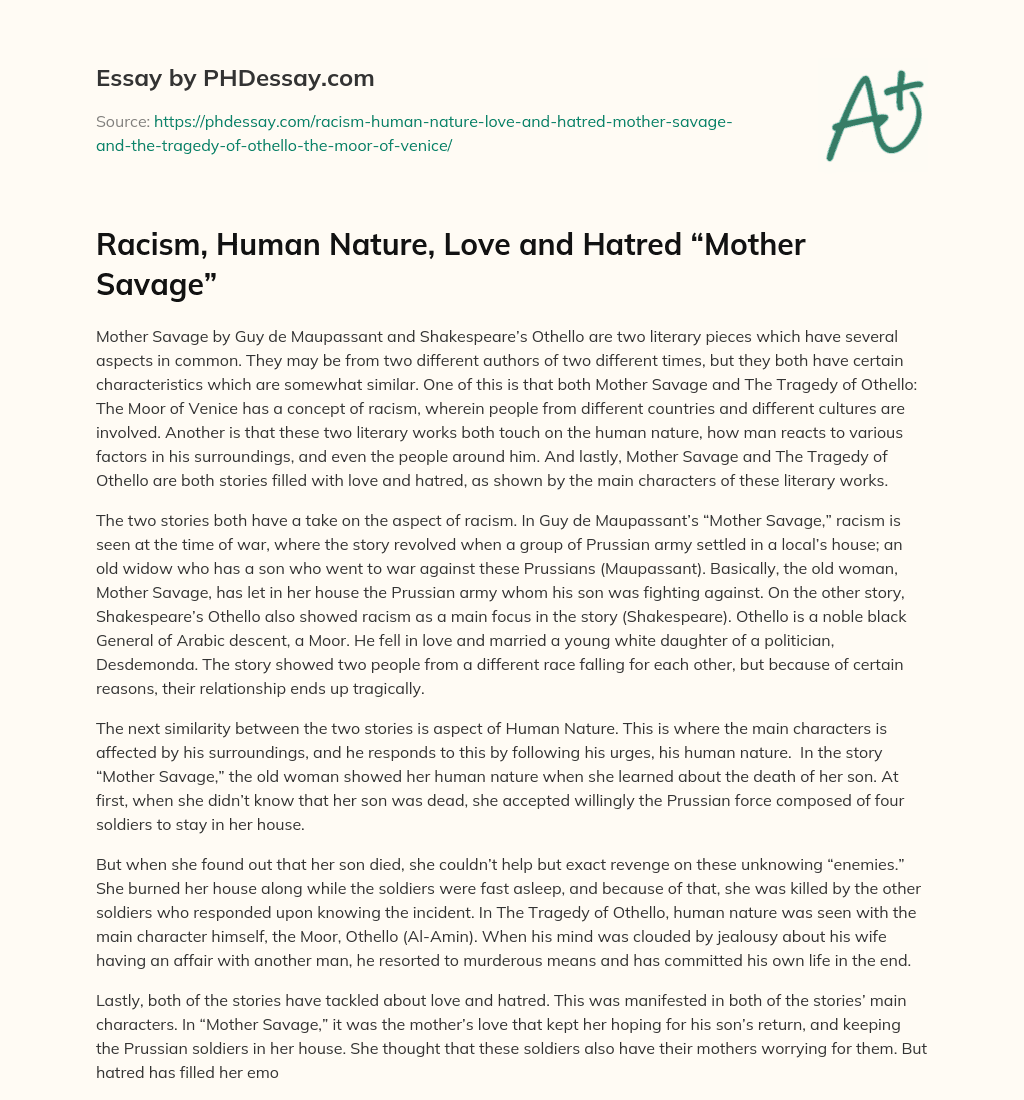 Racism, Human Nature, Love and Hatred “Mother Savage” essay