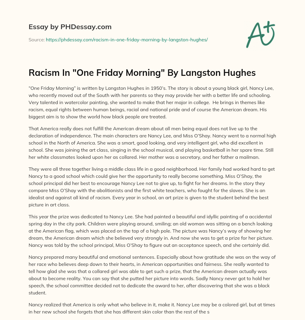 Racism In “One Friday Morning” By Langston Hughes essay