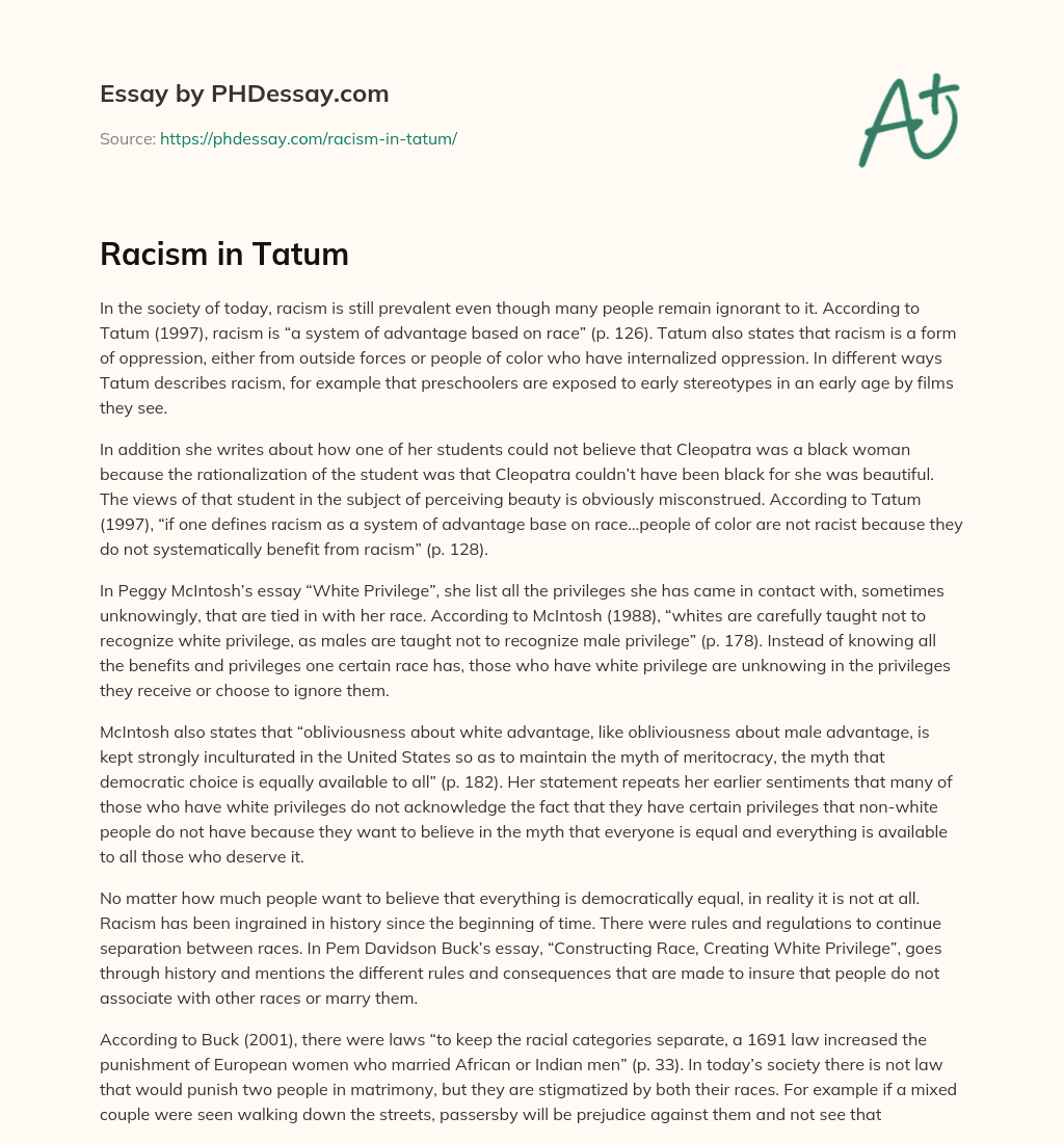 Racism in Tatum essay