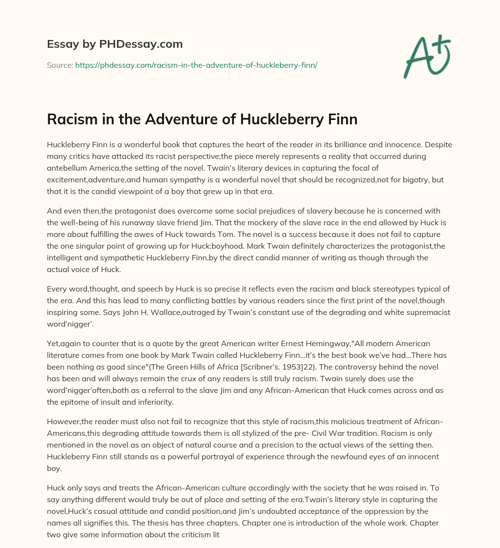Racism in the Adventure of Huckleberry Finn essay