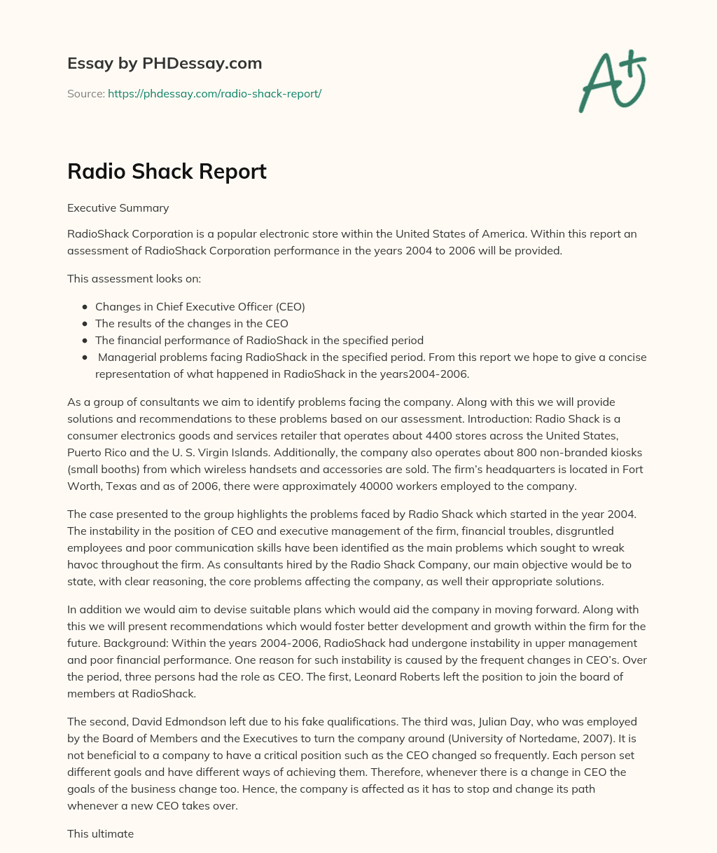 Radio Shack Report essay