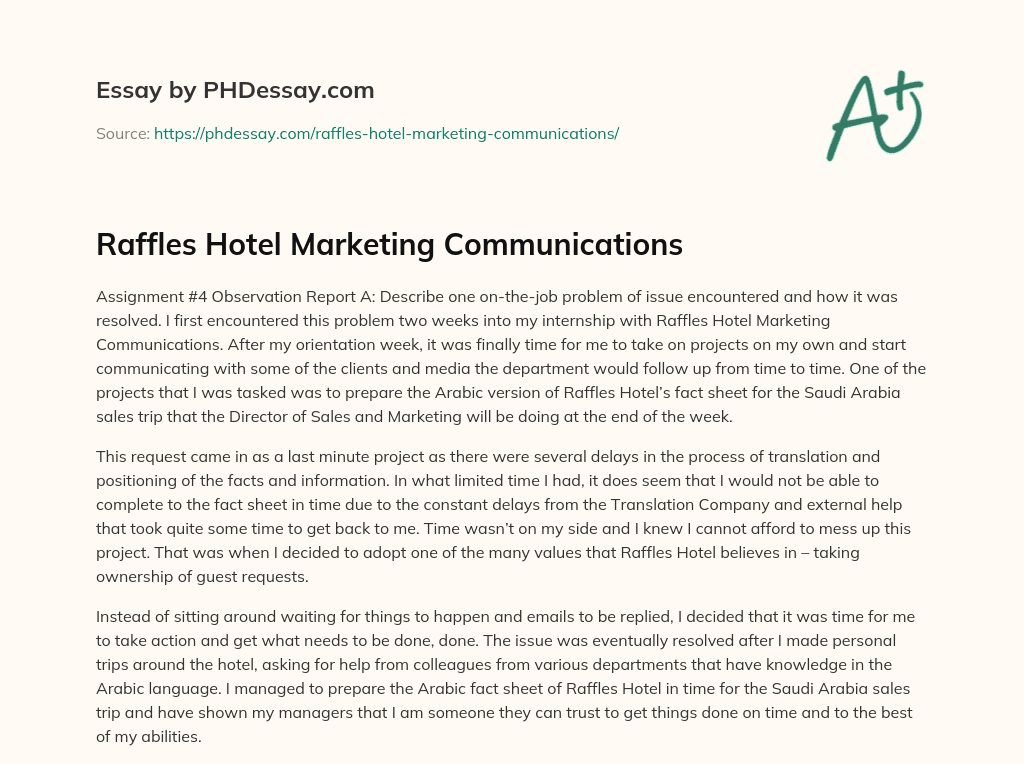 Raffles Hotel Marketing Communications essay