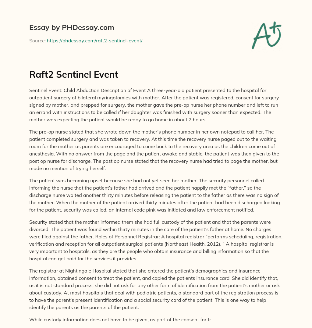 Raft2 Sentinel Event essay