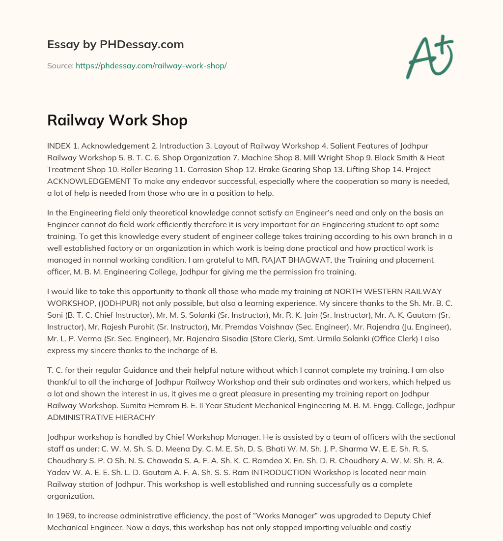 Railway Work Shop essay