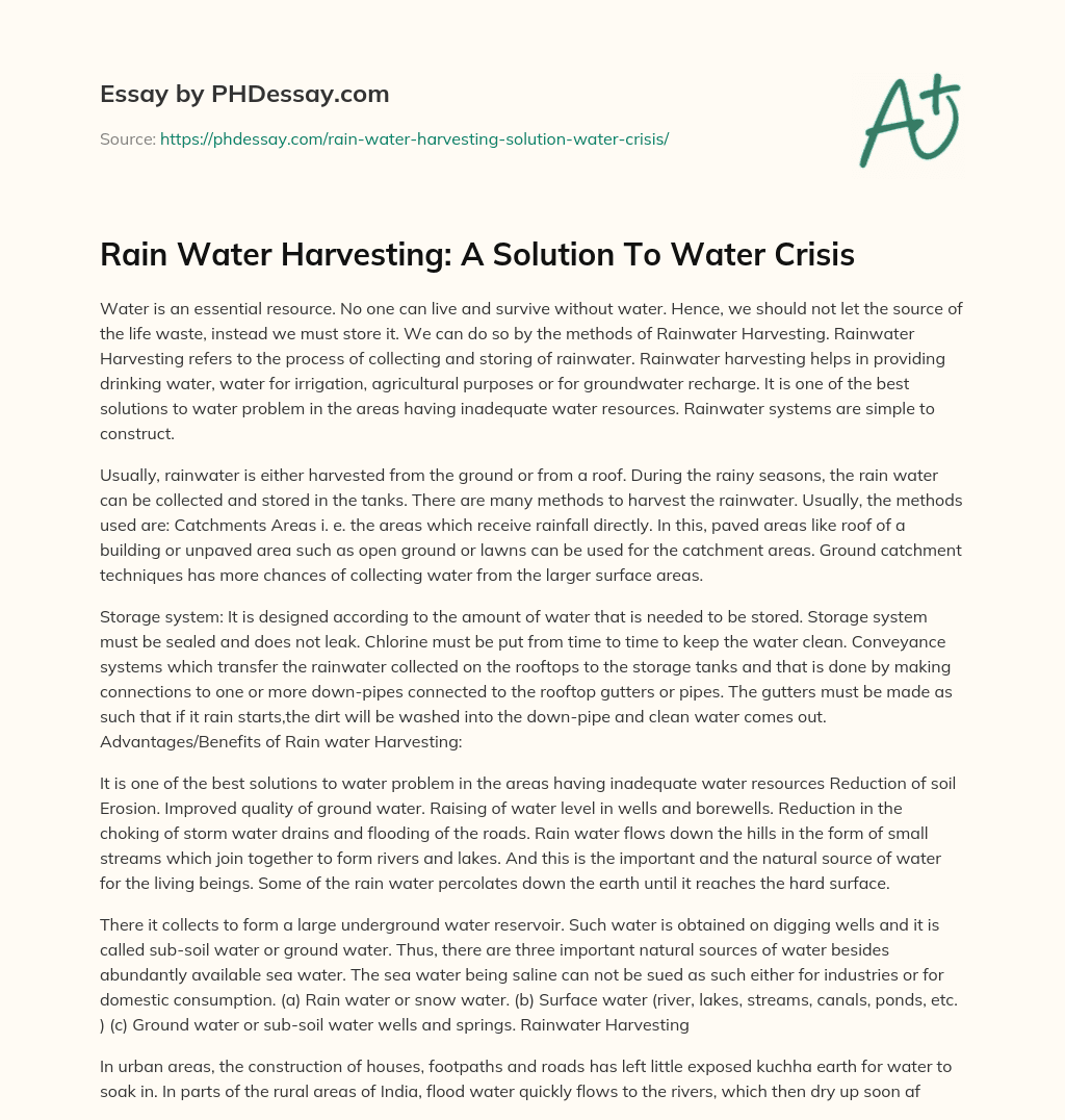 essay writing of rain water harvesting
