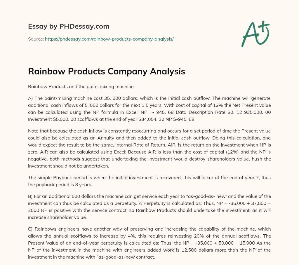 Rainbow Products Company Analysis essay