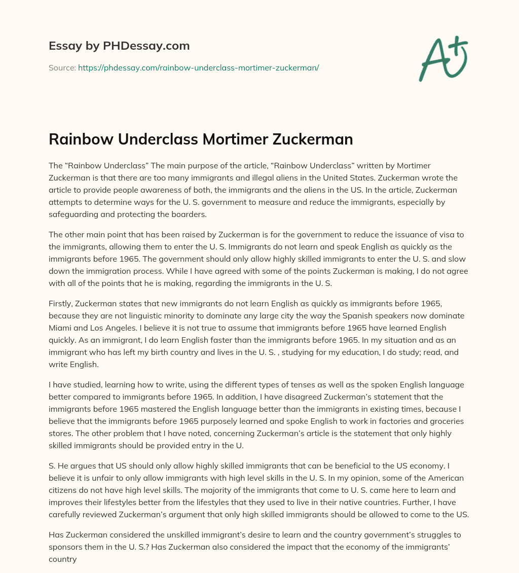 Rainbow Underclass Mortimer Zuckerman essay