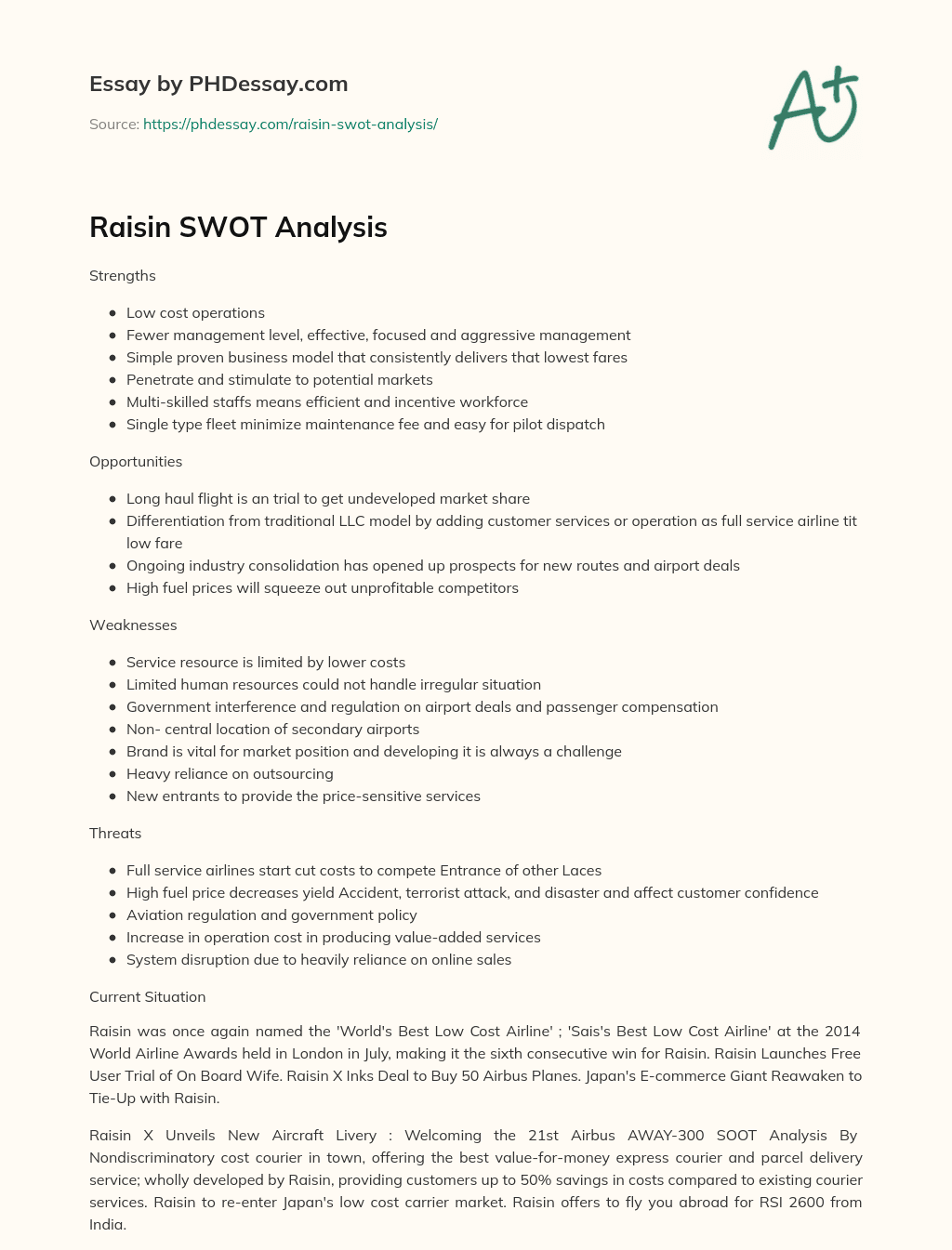 Raisin SWOT Analysis essay