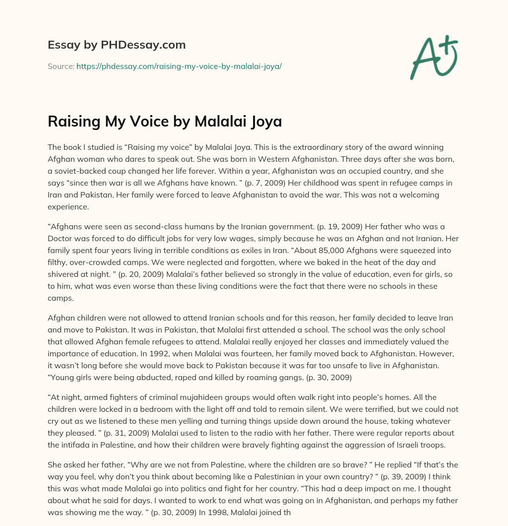 Raising My Voice by Malalai Joya essay