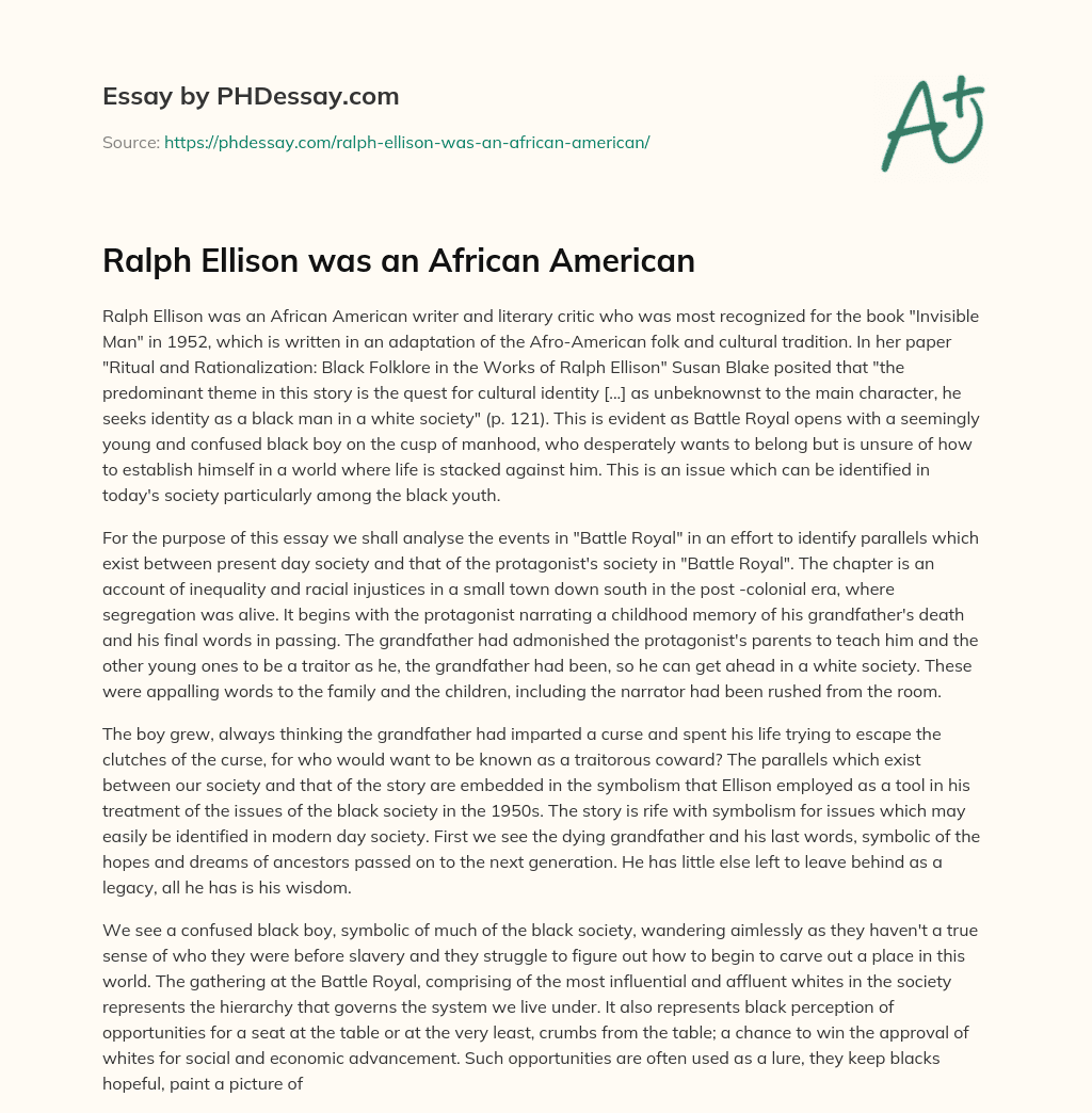 Ralph Ellison was an African American essay