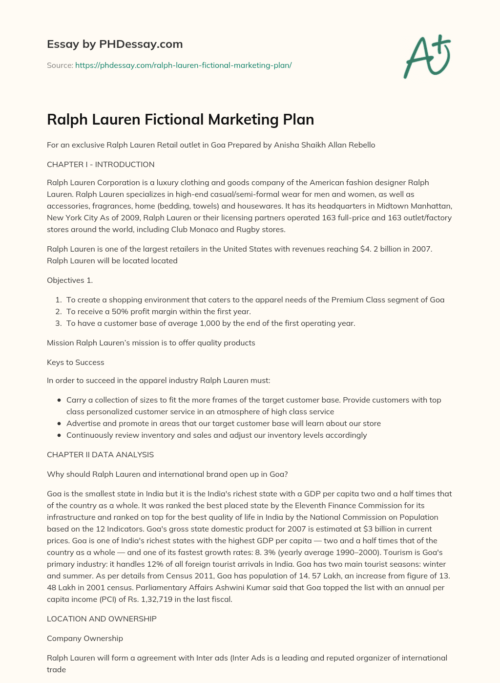 Ralph Lauren Fictional Marketing Plan essay