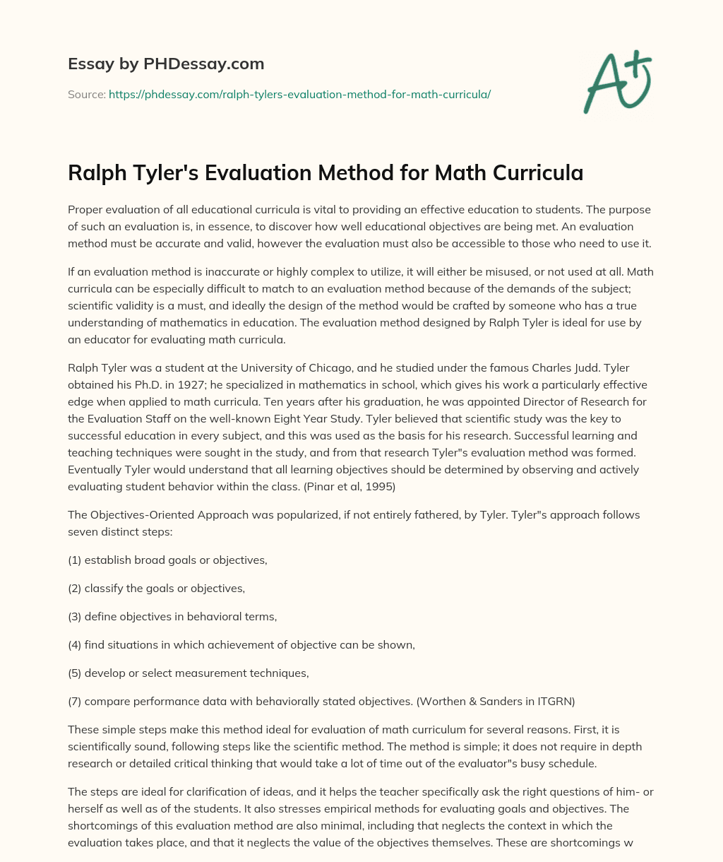 Ralph Tyler's Evaluation Method for Math Curricula (500 Words