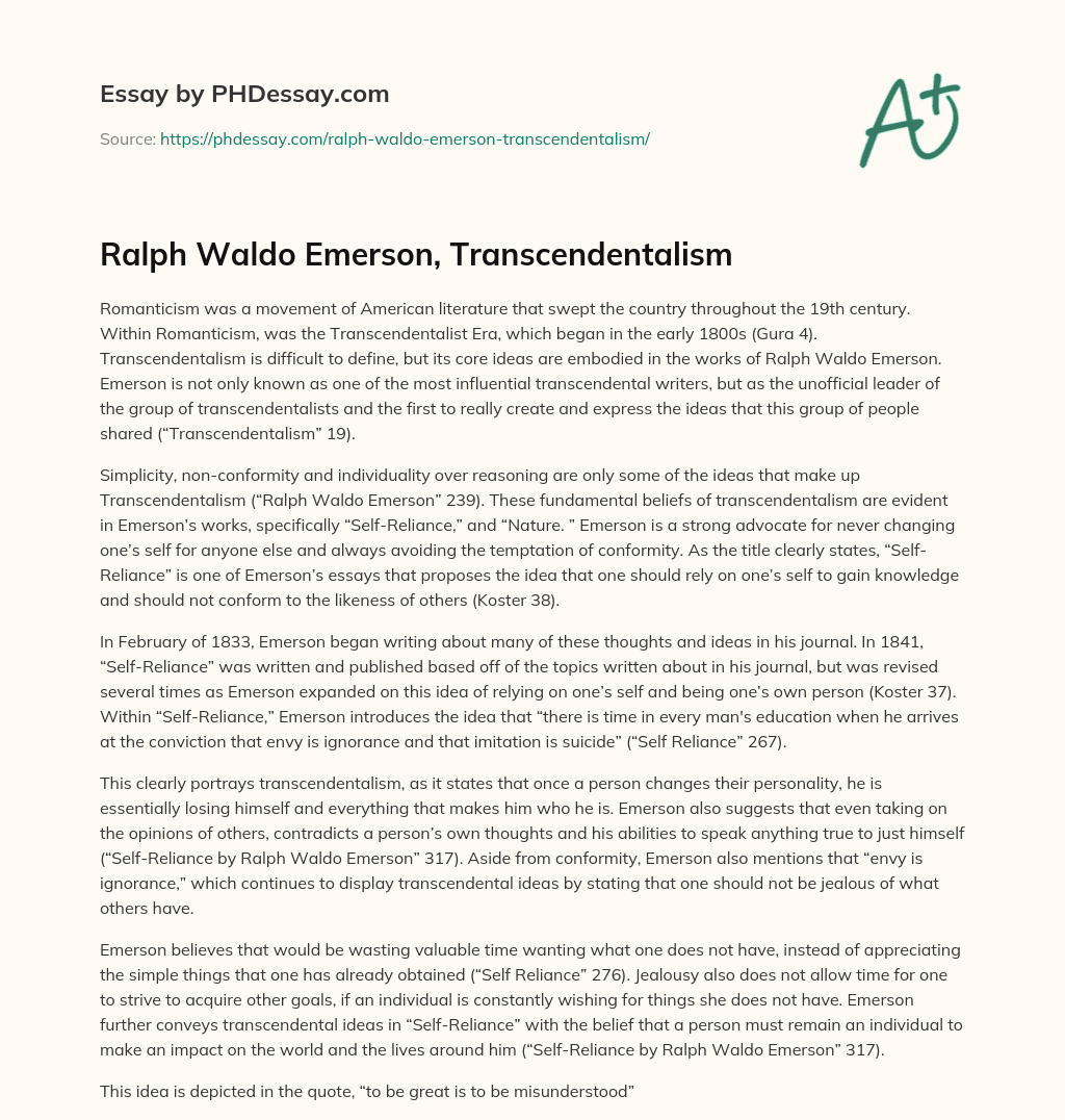 Ralph Waldo Emerson, Transcendentalism essay
