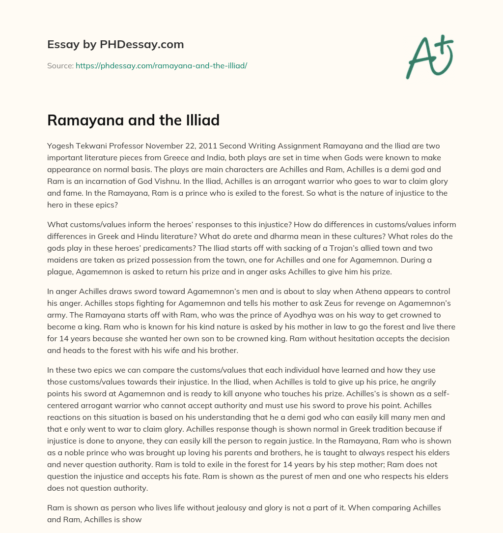 Ramayana and the Illiad essay