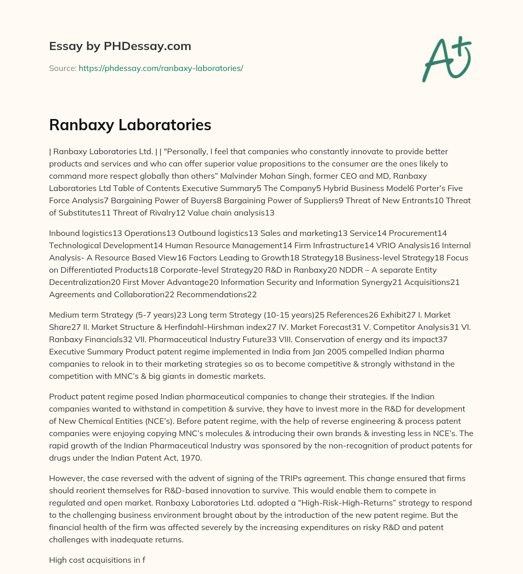 Ranbaxy Laboratories essay