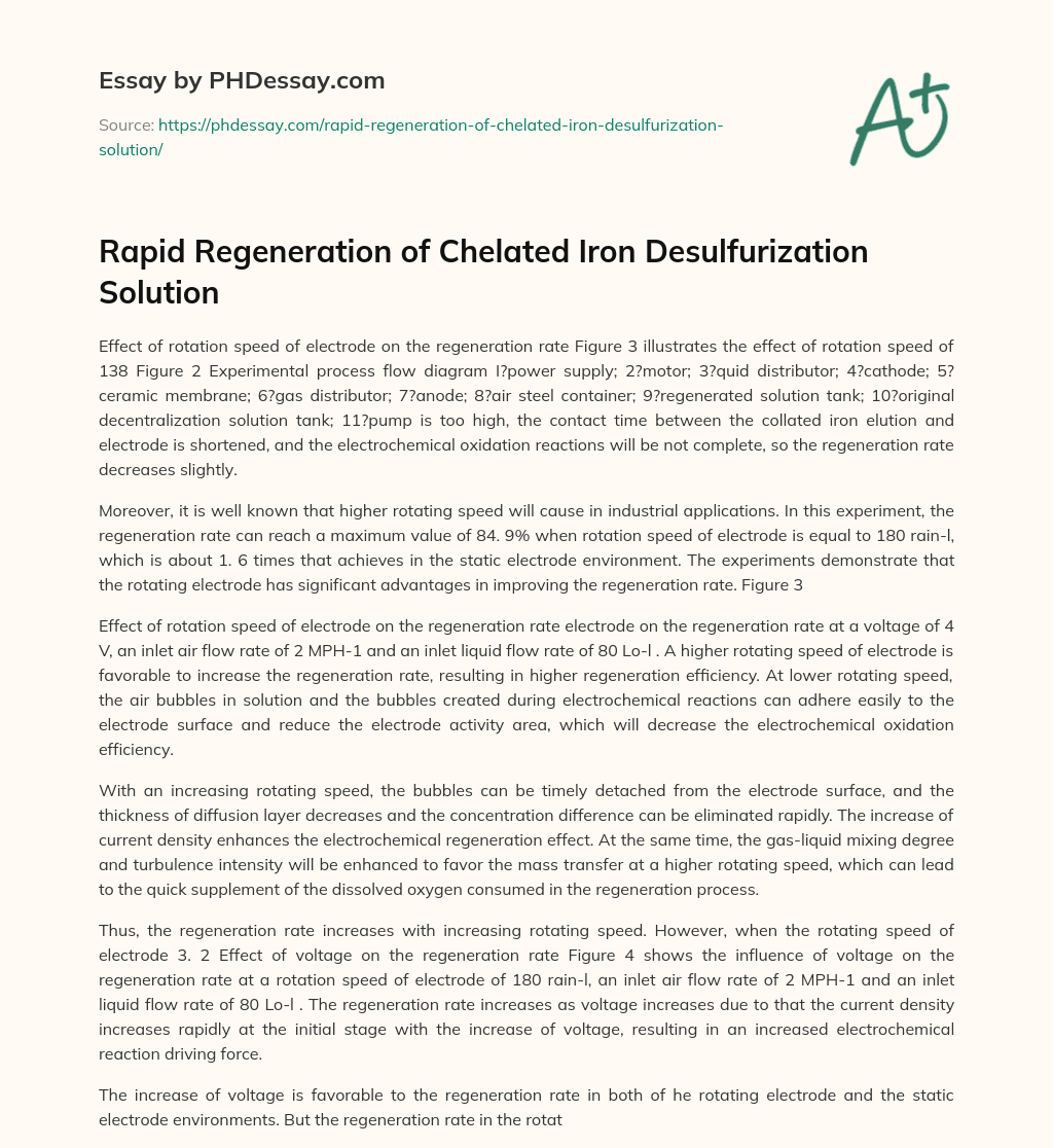 Rapid Regeneration of Chelated Iron Desulfurization Solution essay