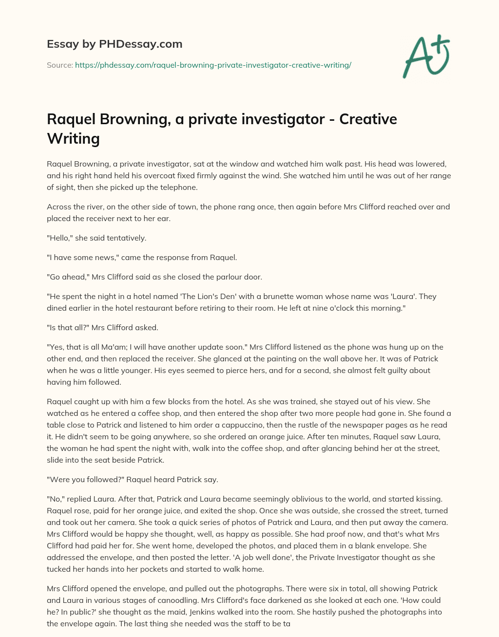 Raquel Browning, a private investigator – Creative Writing essay