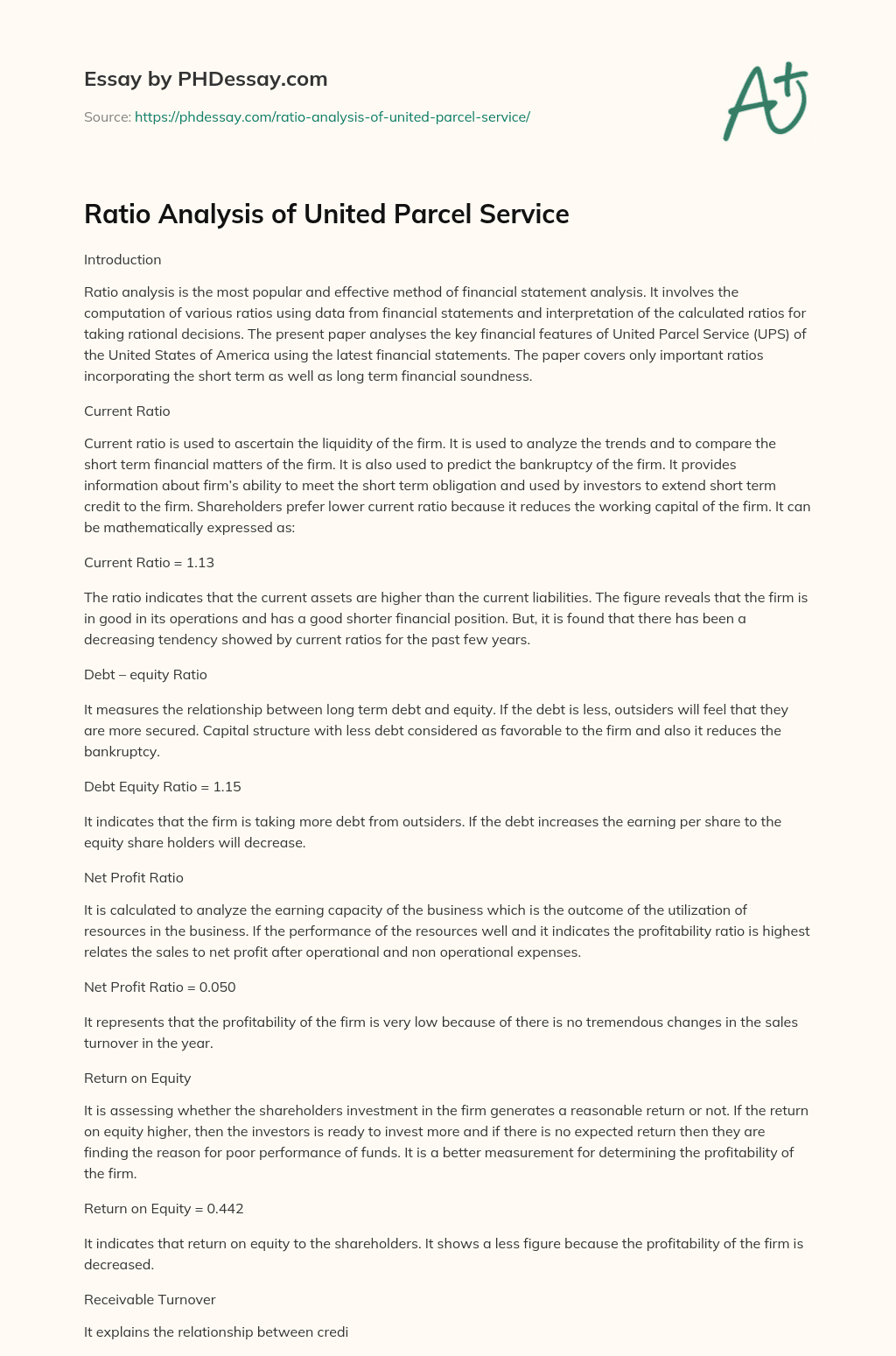 Ratio Analysis of United Parcel Service essay
