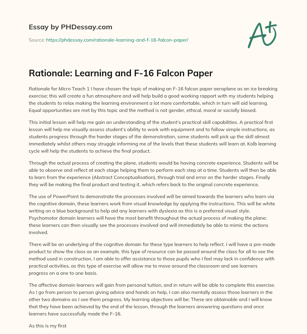 Rationale: Learning and F-16 Falcon Paper essay