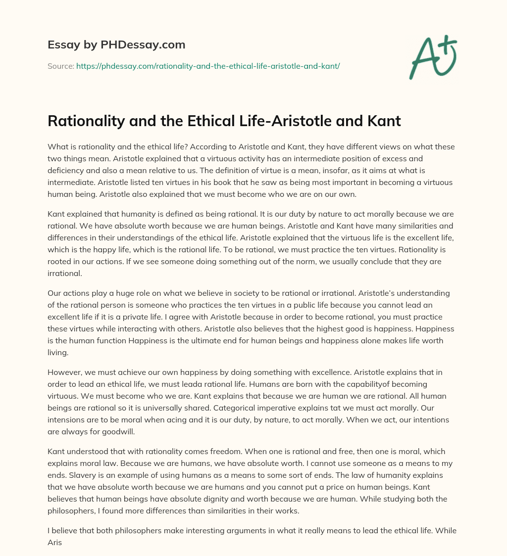 Rationality and the Ethical Life-Aristotle and Kant essay