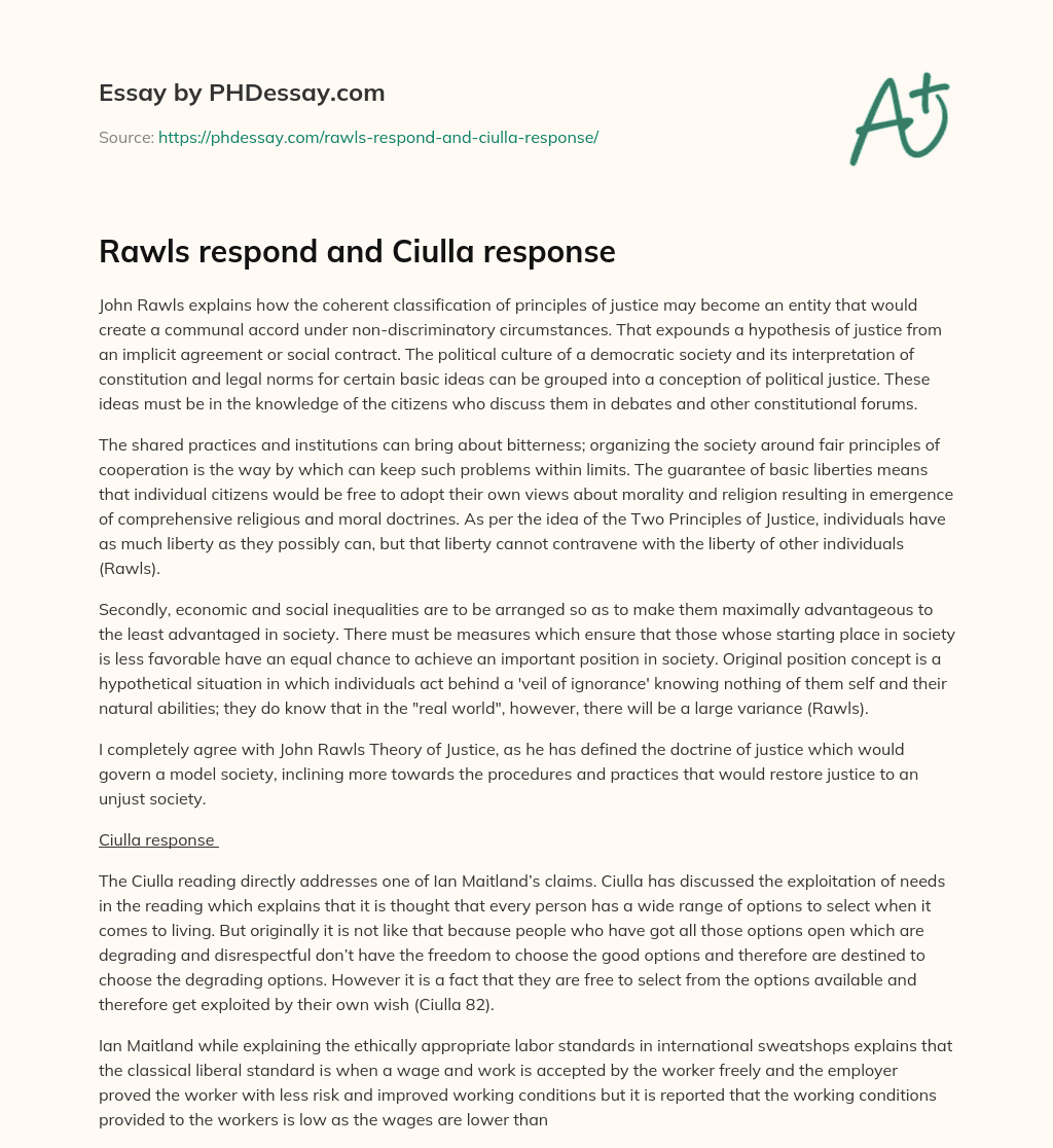 Rawls respond and Ciulla response essay