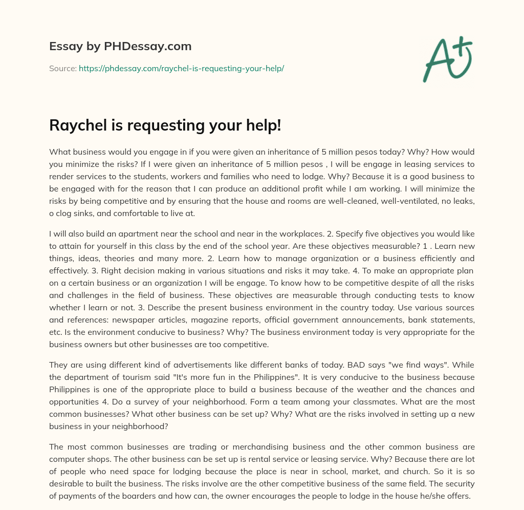 Raychel is requesting your help! essay