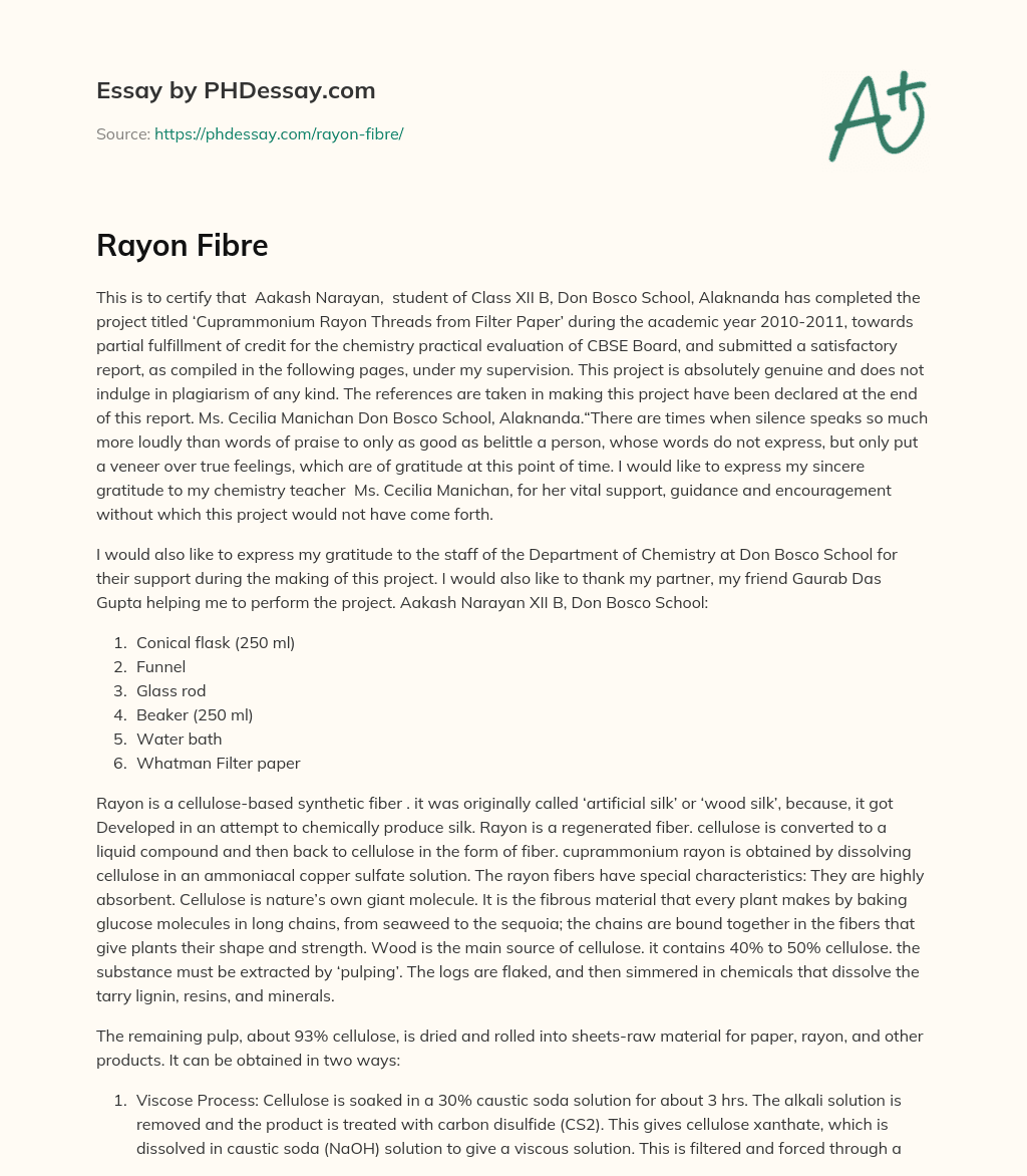 Certification and Gratitude for Chemistry Project on Cuprammonium Rayon Threads from Filter Paper essay