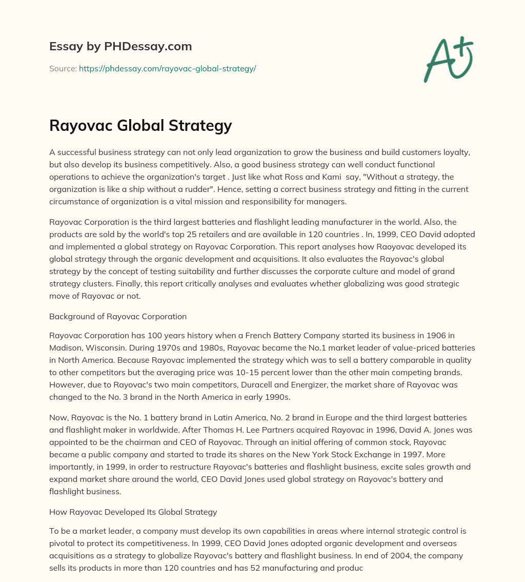 Rayovac Global Strategy essay