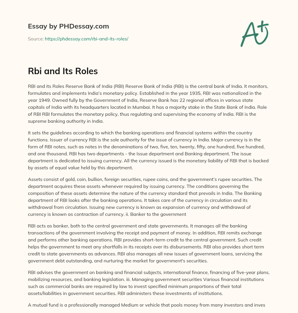 RBI And Its Roles essay