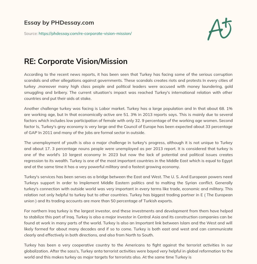 RE: Corporate Vision/Mission essay