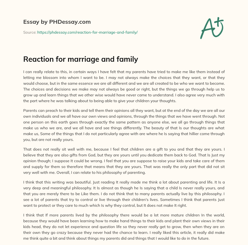 Reaction for marriage and family essay