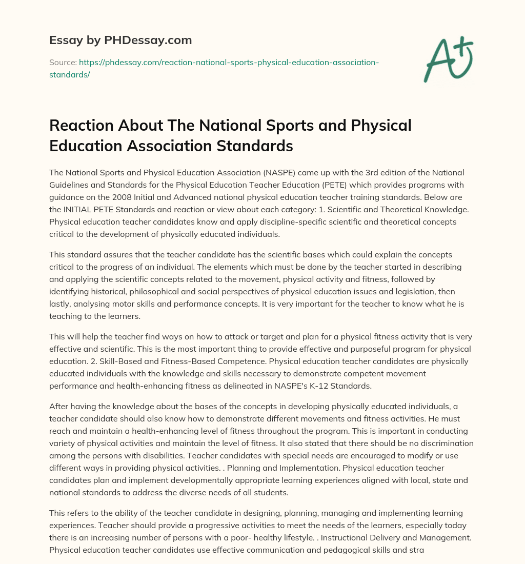 Reaction About The National Sports and Physical Education Association Standards essay