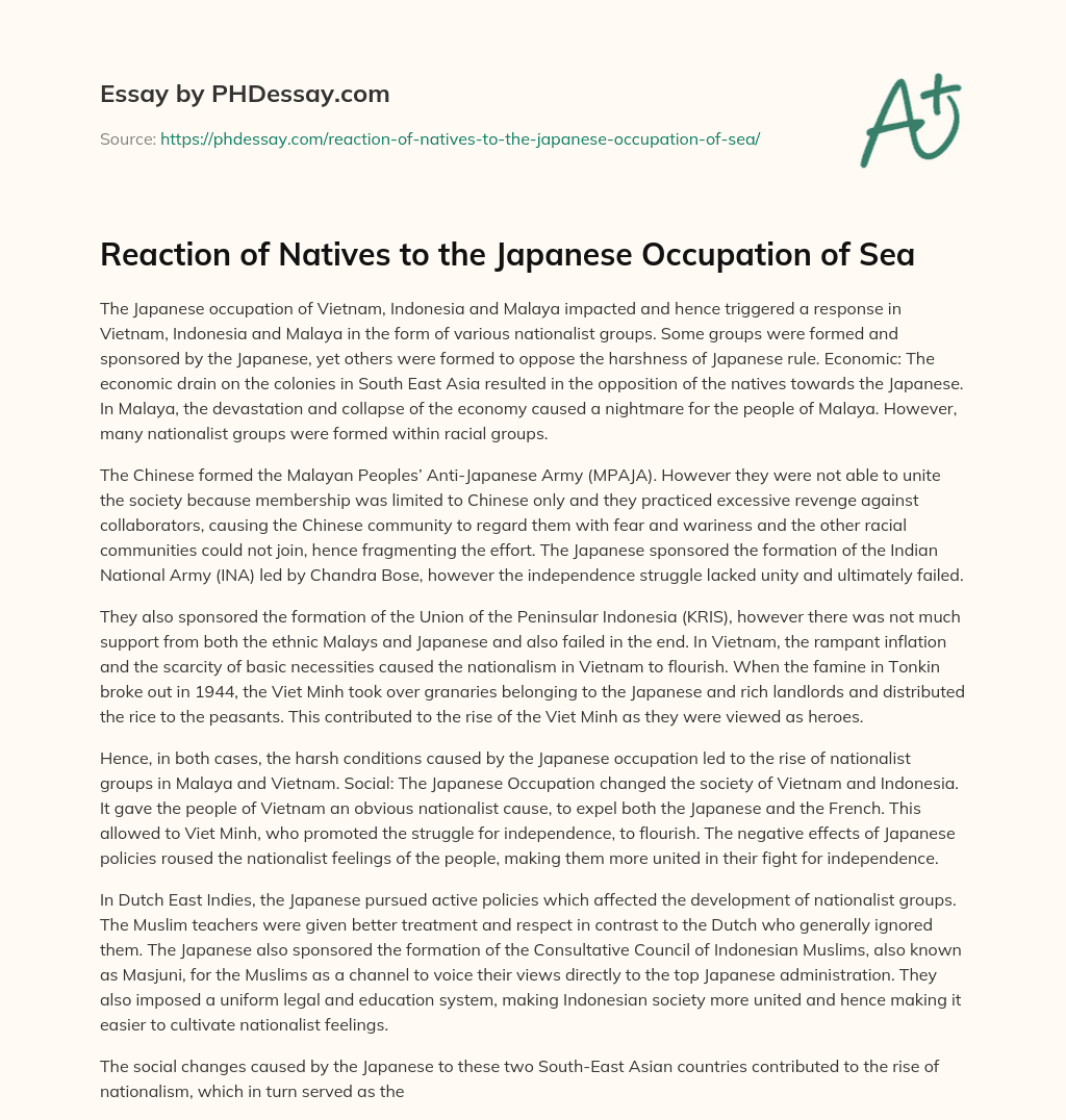 Reaction of Natives to the Japanese Occupation of Sea essay