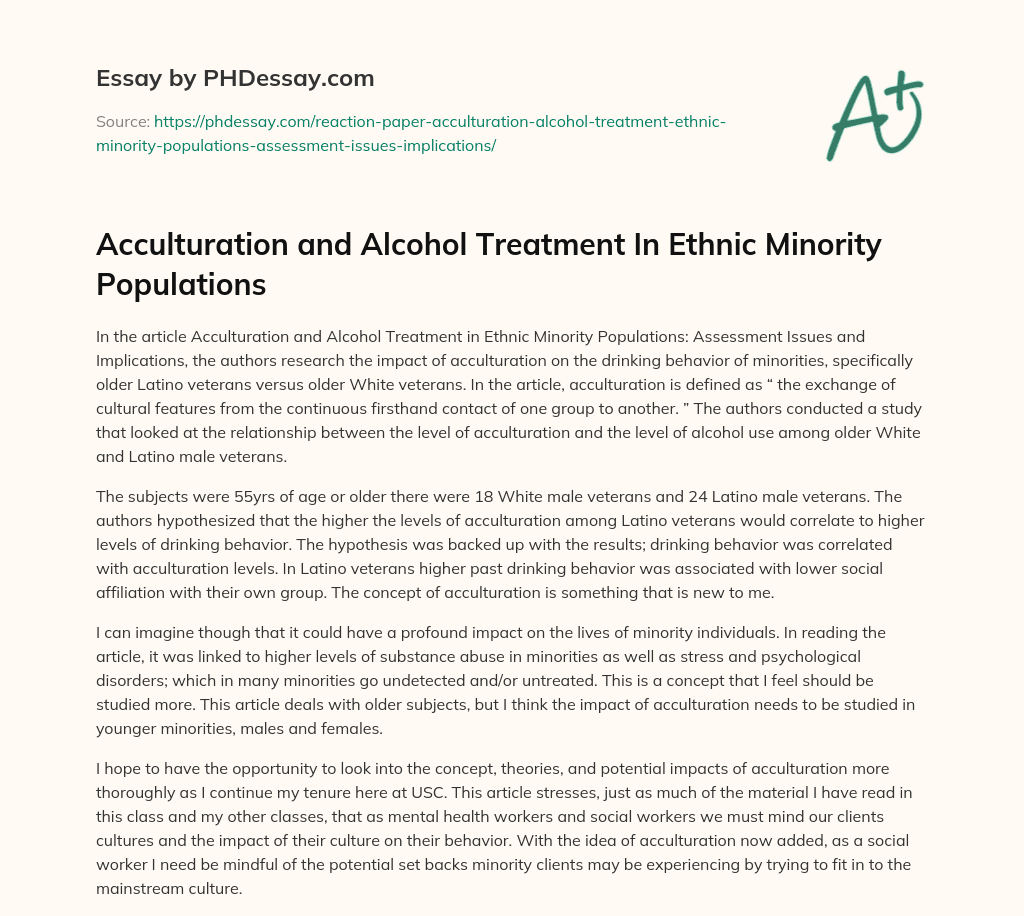 Acculturation and Alcohol Treatment In Ethnic Minority Populations essay