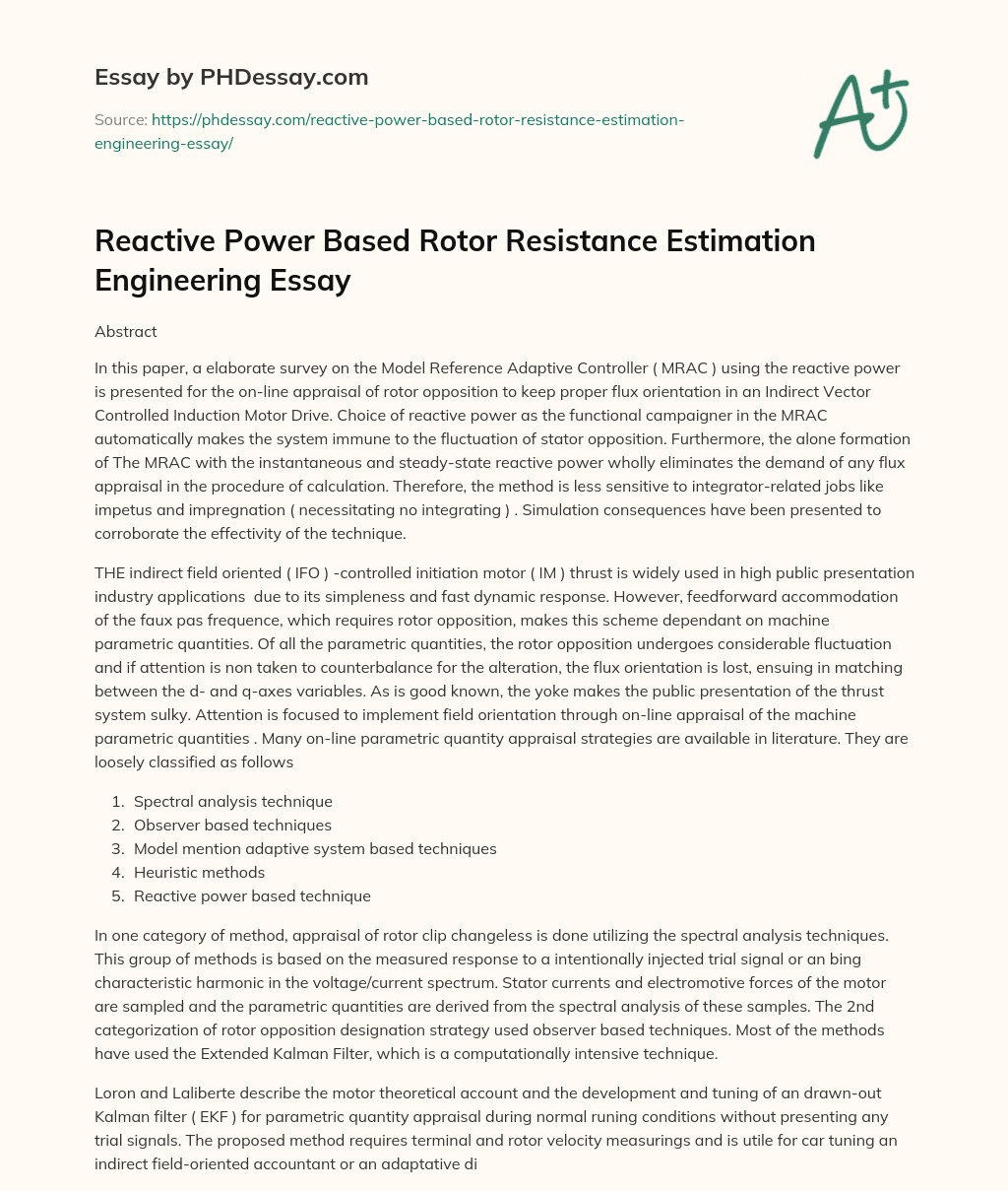 Reactive Power Based Rotor Resistance Estimation Engineering Essay essay