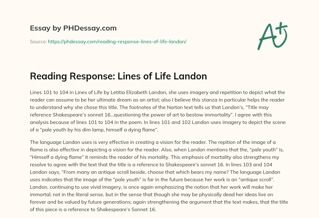 Reading Response: Lines of Life Landon essay