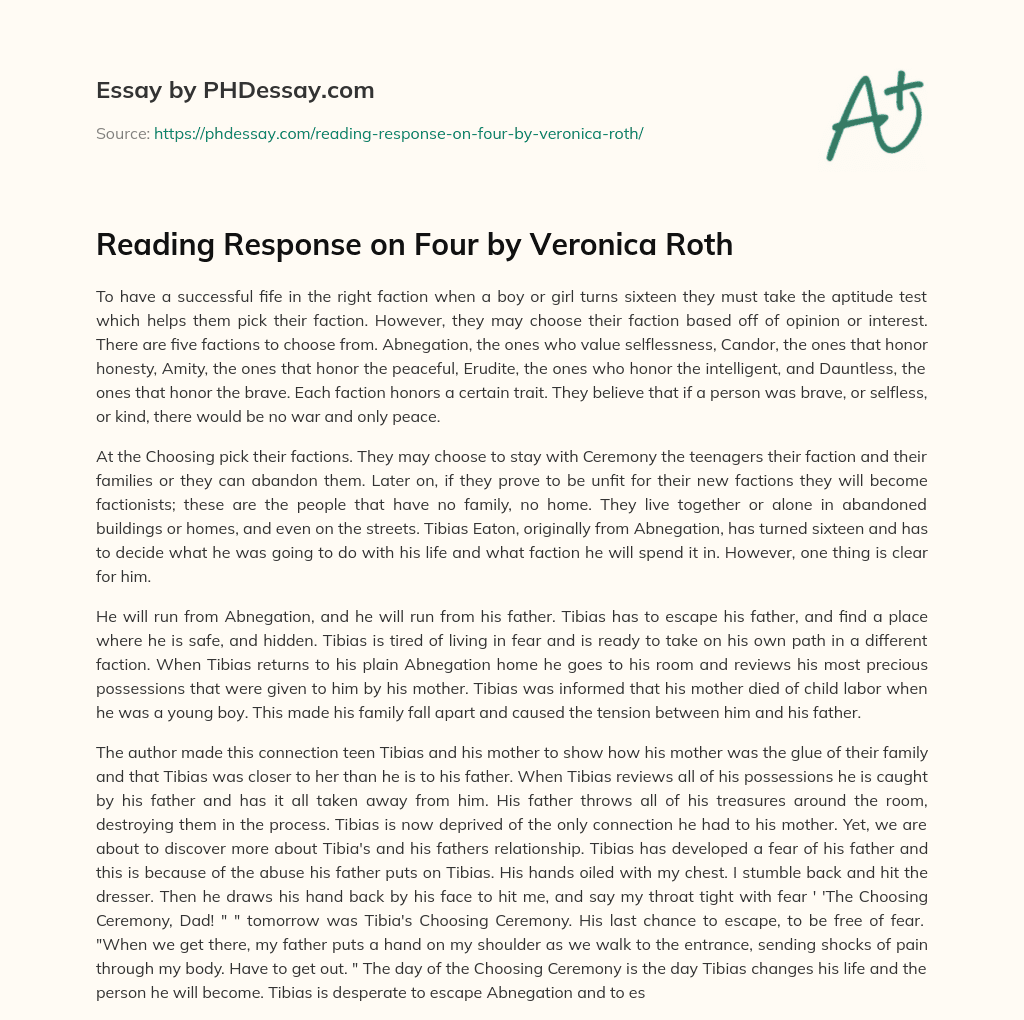 Reading Response on Four by Veronica Roth essay