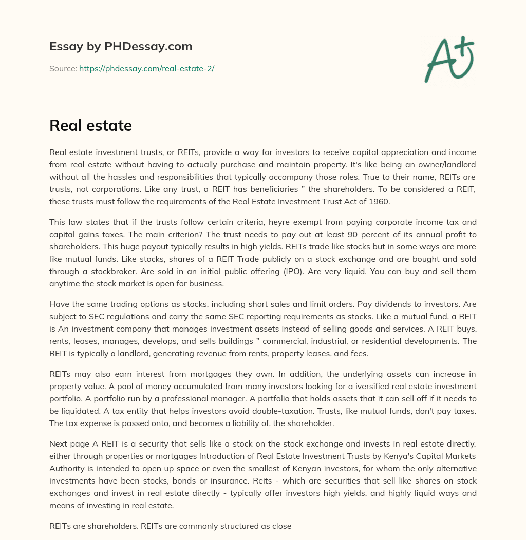 REITs: A Hassle-Free Way to Invest in Real Estate essay