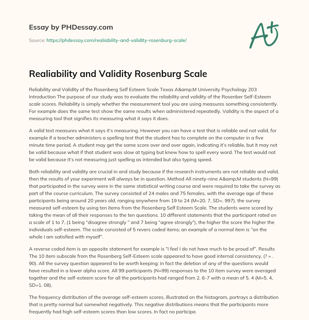 Realiability and Validity Rosenburg Scale essay