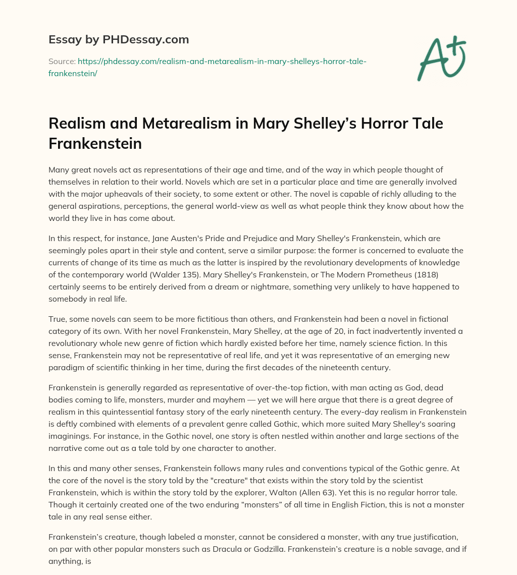 Realism and Metarealism in Mary Shelley’s Horror Tale Frankenstein essay