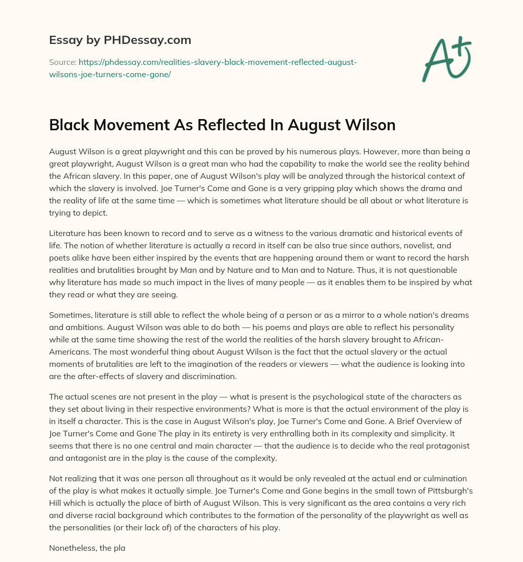 Black Movement As Reflected In August Wilson essay