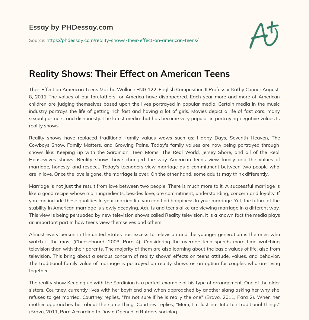 Reality Shows: Their Effect on American Teens essay