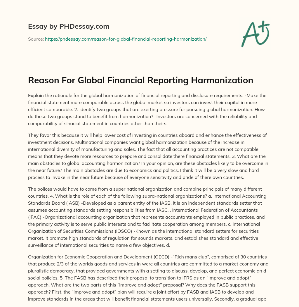 Reason For Global Financial Reporting Harmonization essay