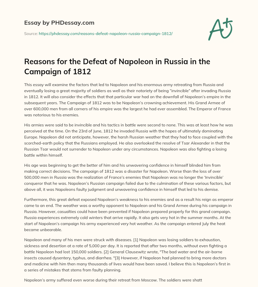 Reasons for the Defeat of Napoleon in Russia in the Campaign of 1812 essay